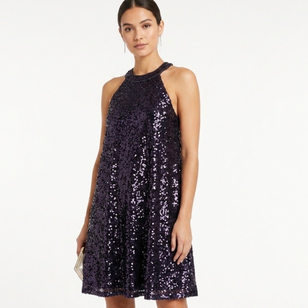 By Together Sequin Cocktail Dress Womens Large Purple Halter Mini Party L1062